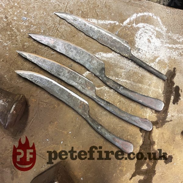 Hand-forged knives made on a Petefire 4 person forging experience