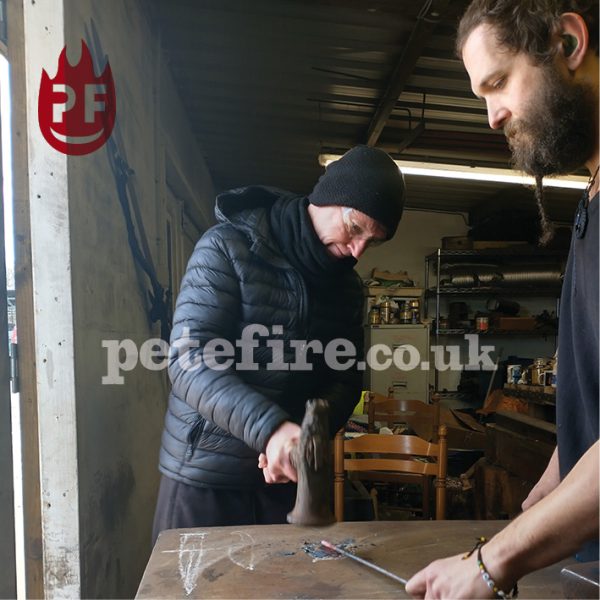 Petefire Artist Blacksmith Forge, dad & son on a knife forging experience, St Albans, Herts.